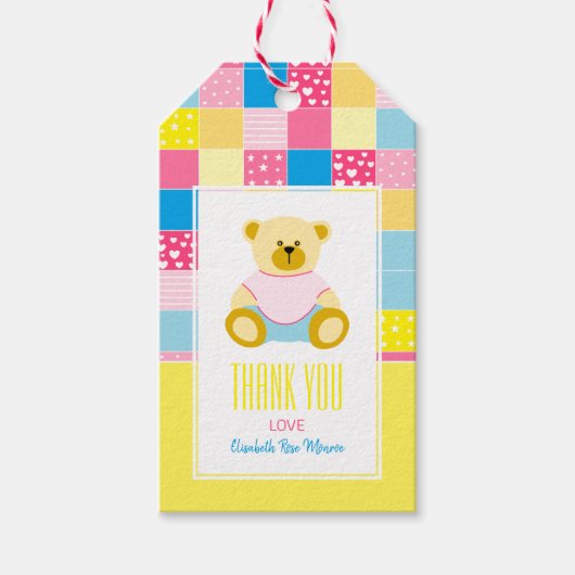 Patchwork Gouden Beer, Baby Shower Bedankkaartjes Cadeaulabel (Voorkant)