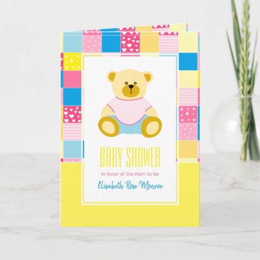 Patchwork Gouden Beer, Baby Shower Uitnodiging (Voorkant)