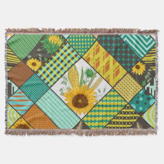 Patchwork granen, zonnebloemen, geometrisch patroo deken (Voorkant)