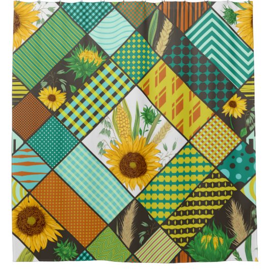 Patchwork granen, zonnebloemen, geometrisch patroo douchegordijn (Voorkant)