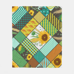 Patchwork granen, zonnebloemen, geometrisch patroo fleece deken