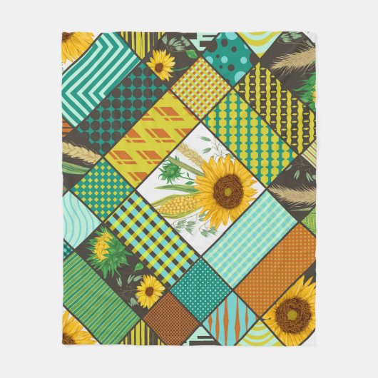 Patchwork granen, zonnebloemen, geometrisch patroo fleece deken (Voorkant)