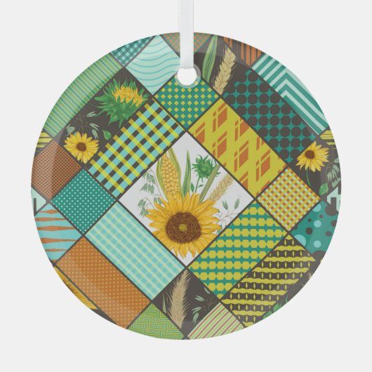 Patchwork granen, zonnebloemen, geometrisch patroo glas ornament (Voorkant)