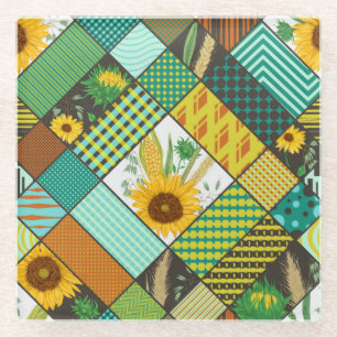 Patchwork granen, zonnebloemen, geometrisch patroo glazen onderzetter