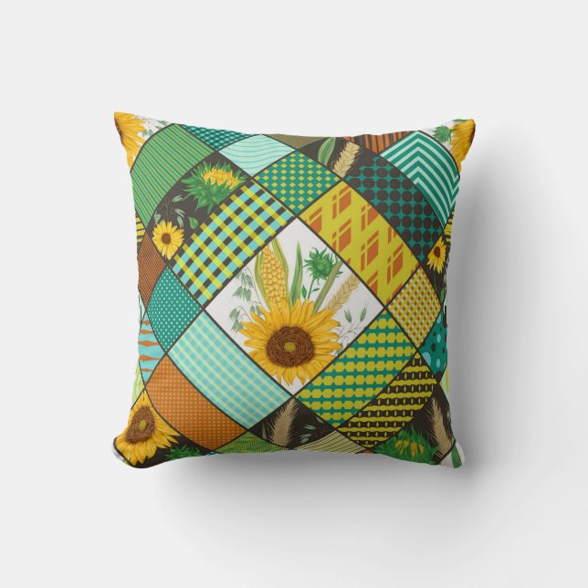 Patchwork granen, zonnebloemen, geometrisch patroo kussen (Voorkant)