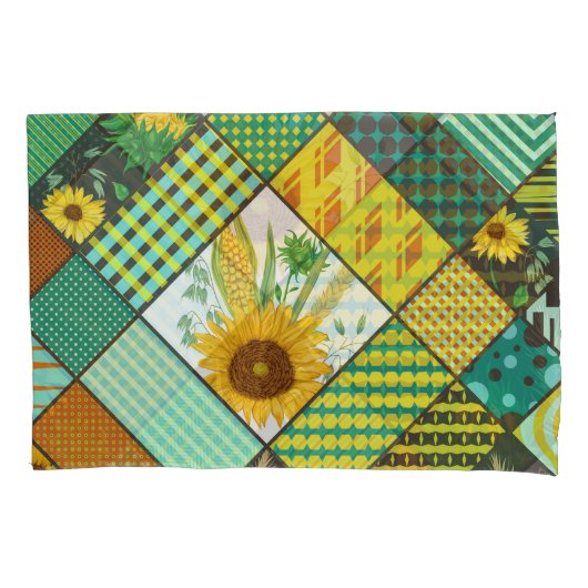 Patchwork granen, zonnebloemen, geometrisch patroo kussensloop (Voorkant)
