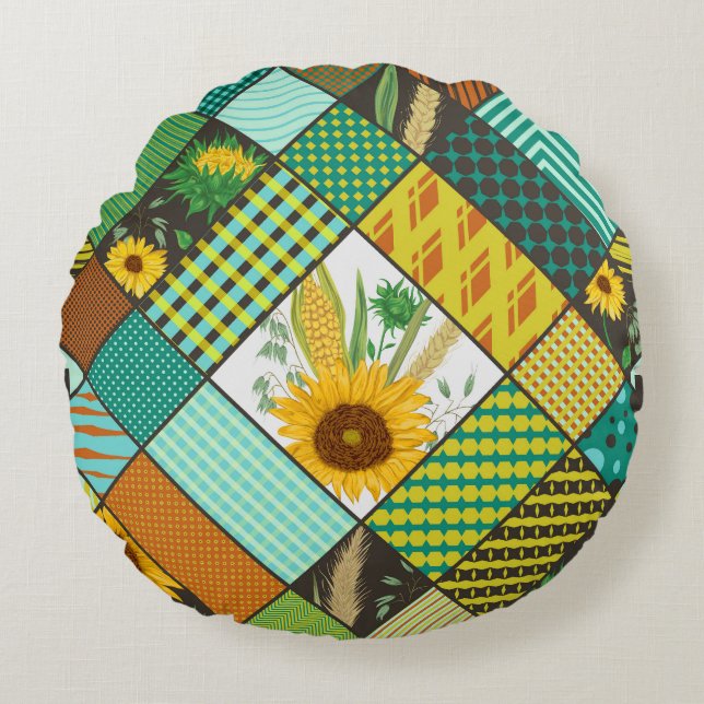 Patchwork granen, zonnebloemen, geometrisch patroo rond kussen (Voorkant)