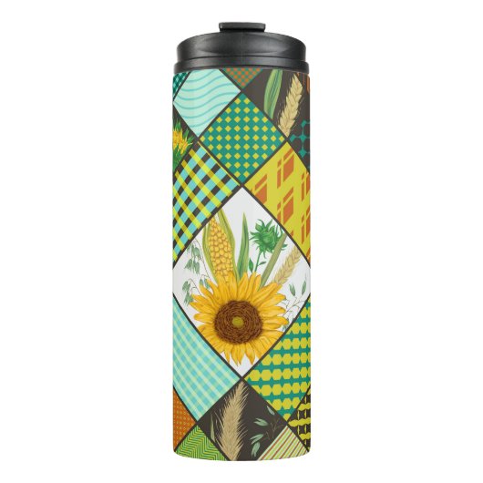 Patchwork granen, zonnebloemen, geometrisch patroo thermosbeker (Voorkant)