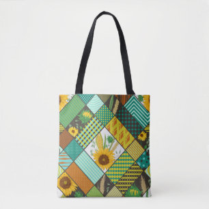Patchwork granen, zonnebloemen, geometrisch patroo tote bag