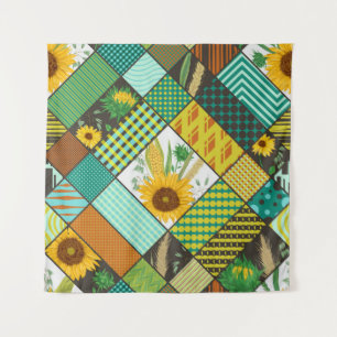 Patchwork granen, zonnebloemen, geometrisch patroo wandkleed