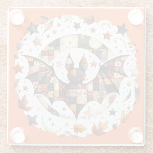 Patchwork Halloween Bat in Herfst Kleuren Glazen Onderzetter (Achterkant)