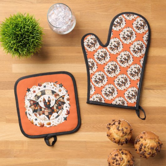 Patchwork Halloween Bat in Herfst Kleuren Ovenwant & Pannenlap Set (Top down)
