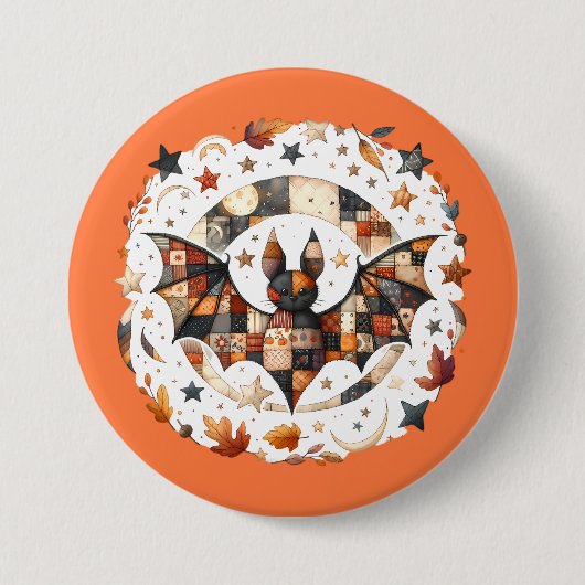 Patchwork Halloween Bat in Herfst Kleuren Ronde Button 7,6 Cm (Voorkant)