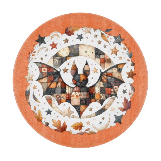 Patchwork Halloween Bat in Herfst Kleuren Snijplank (Voorkant)