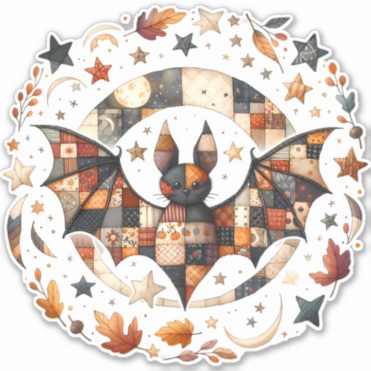Patchwork Halloween Bat in Herfst Kleuren Sticker (Voorkant)