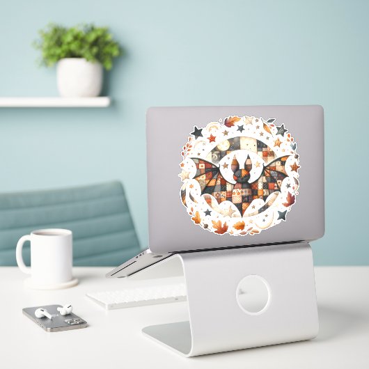 Patchwork Halloween Bat in Herfst Kleuren Sticker (Laptop op bureau)
