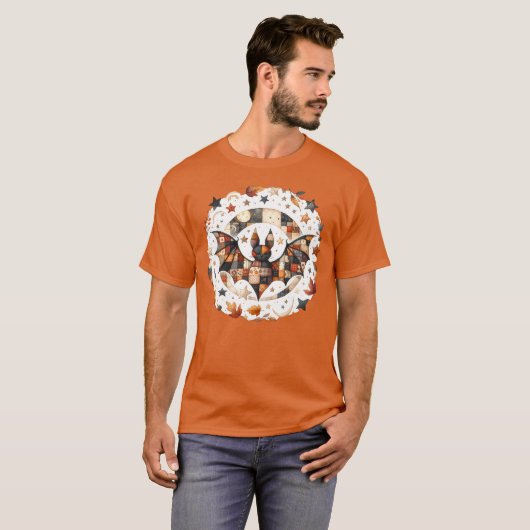 Patchwork Halloween Bat in Herfst Kleuren T-shirt (Voorkant volledig)