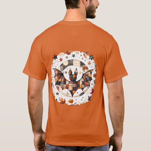 Patchwork Halloween Bat in Herfst Kleuren T-shirt (Achterkant)