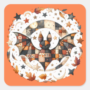 Patchwork Halloween Bat in Herfst Kleuren Vierkante Sticker