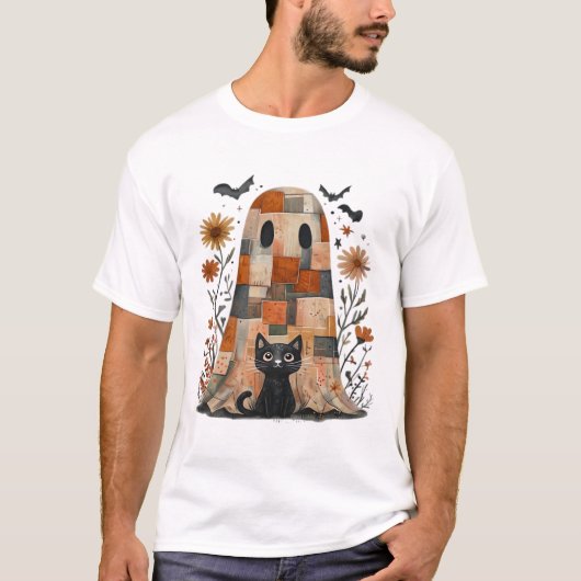 Patchwork Halloween Geest en Kat , Retro Griezelig T-shirt (Voorkant)