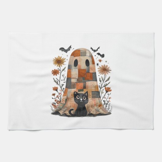 Patchwork Halloween Geest en Kat , Retro Griezelig Theedoek (Horizontaal)