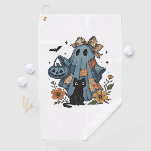 Patchwork Halloween Ghost Black Cat Essential T-Sh Golfhanddoek (Insitu)