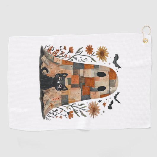 Patchwork Halloween Ghost en Cat, Retro Spooky F Golfhanddoek (Horizontaal)