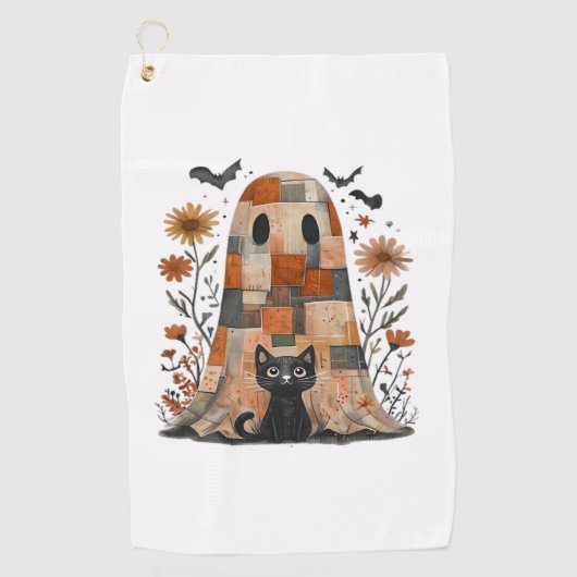 Patchwork Halloween Ghost en Cat, Retro Spooky F Golfhanddoek (Voorkant)
