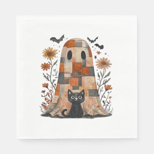 Patchwork Halloween Ghost en Cat, Retro Spooky F Servet (Voorkant)