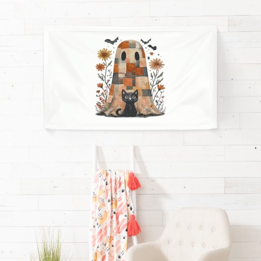 Patchwork Halloween Ghost en Cat, Retro Spooky F Spandoek (Insitu)