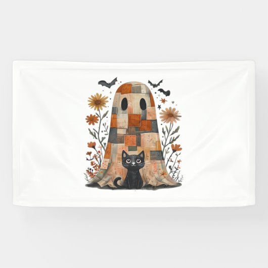 Patchwork Halloween Ghost en Cat, Retro Spooky F Spandoek (Horizontaal)