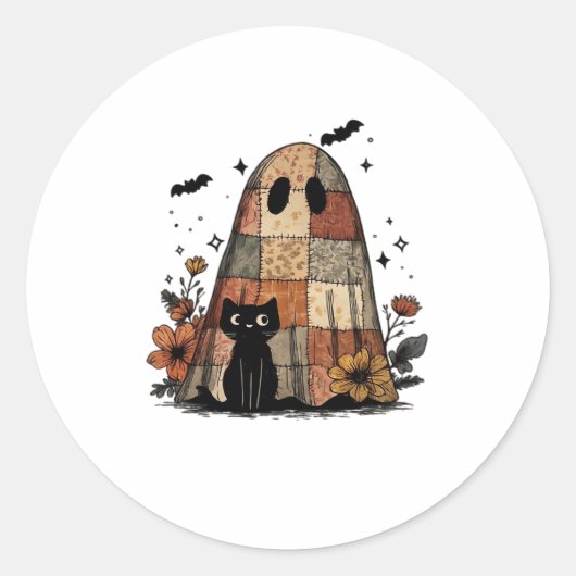 Patchwork Halloween Ghost zwarte kat Essential T-S Ronde Sticker (Voorkant)