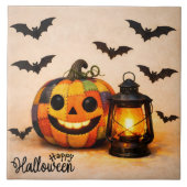 Patchwork Halloween pompoen met lantaarn  Tegeltje (Voorkant)