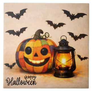 Patchwork Halloween pompoen met lantaarn  Tegeltje