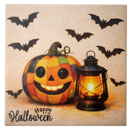 Patchwork Halloween pompoen met lantaarn Tegeltje (Voorkant)