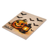 Patchwork Halloween pompoen met lantaarn Tegeltje (Zijkant)