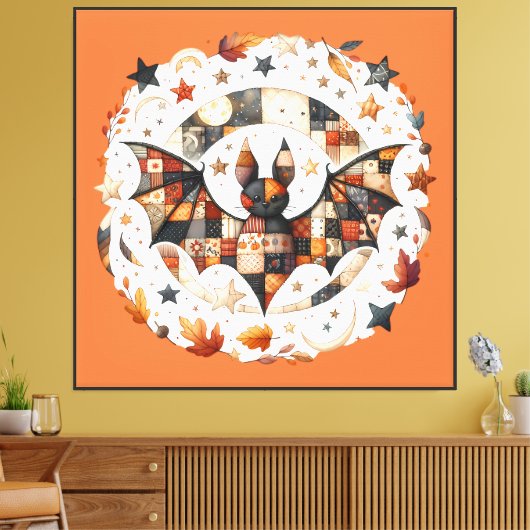 Patchwork Halloween-vleermuis in herfstkleuren Canvas Afdruk (Insitu (Woonkamer))