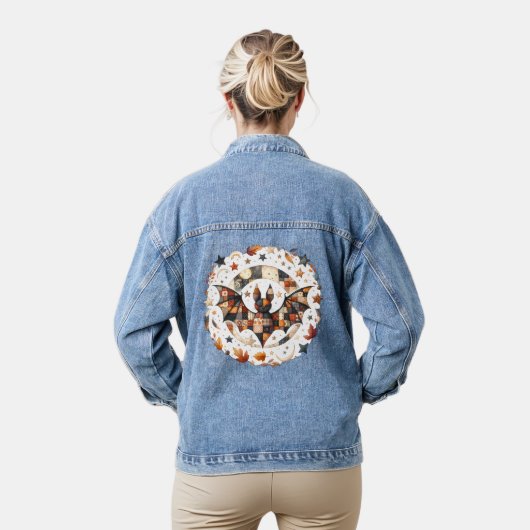 Patchwork Halloween-vleermuis in herfstkleuren Denim Jacket (Model)