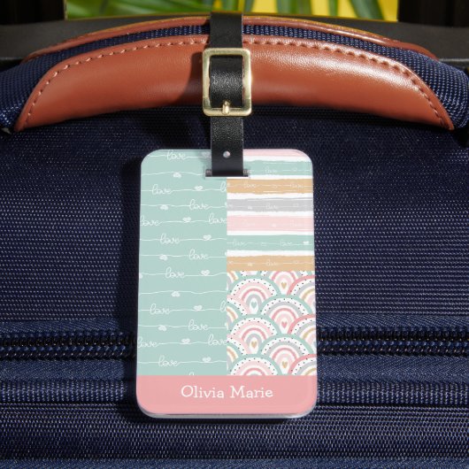 Patchwork Hart Regenboog Pastel Kinder Bagagelabel (Voorkant Insitu 2)