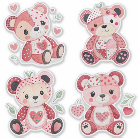 Patchwork Hart Teddyberen Stickers (Voorkant)