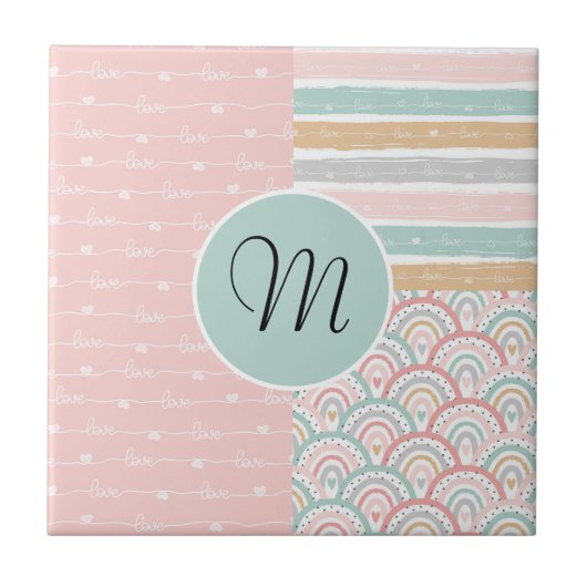 Patchwork Harten Regenboog Monogram Keramische Teg Tegeltje (Voorkant)
