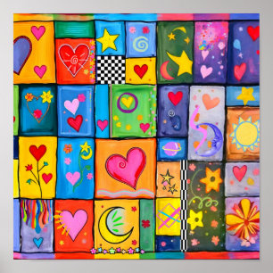 Patchwork Hearts Quilt Kleurrijke Folk Art Print