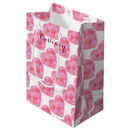 Patchwork Hearts White Gift Bag Medium Cadeauzakje (Voorkant Gekanteld)