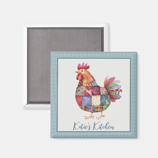 Patchwork Hen en Blue Polka Dots Magneet (Voorkant / Achterkant)