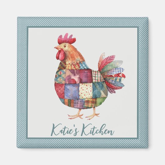 Patchwork Hen en Blue Polka Dots Magneet (Voorkant)