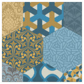 Patchwork Hexagons Mustard en Navy Stof (Close Up)