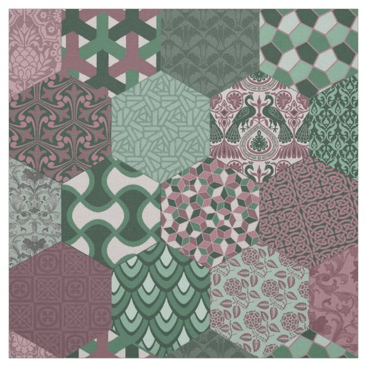 Patchwork Hexagons Raspberry en Pine Stof (Swatch)