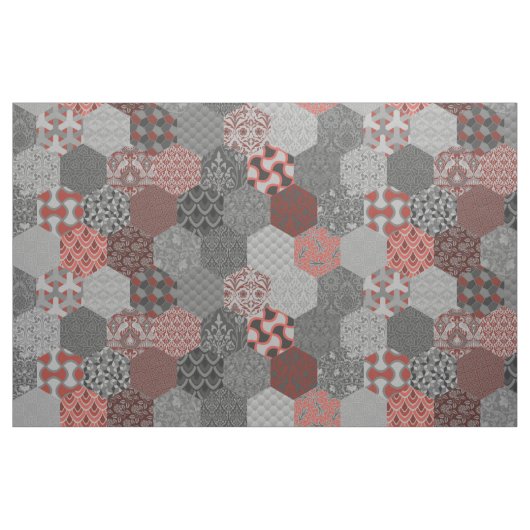Patchwork Hexagons Red en Grey Stof (Fat Quarter)