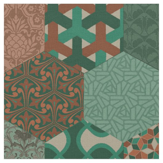 Patchwork Hexagons Rust en Pine Stof (Close Up)