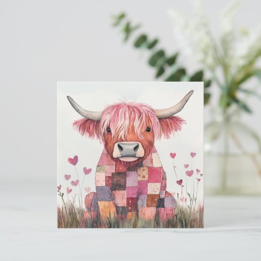 Patchwork Highland Koe Valentijn Feestdagenkaart (Staand voorkant)